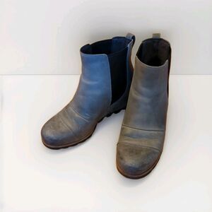 Sorel Lea Wedge Ankle Boots Womens 7 Gray Leather Slip On Waterproof Heel